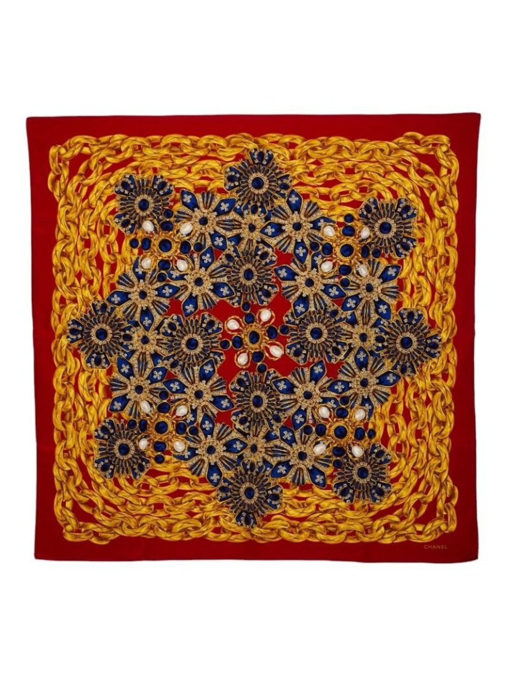 Chanel Logo Print Scarf Red Multicolor Silk